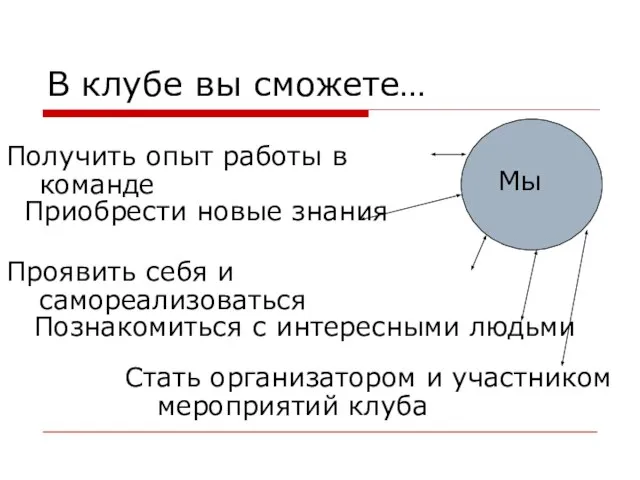 В клубе вы сможете… Мы Получить опыт работы в команде Приобрести новые