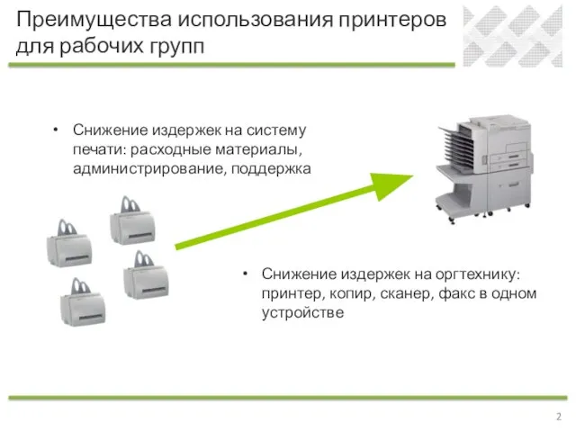 Преимущества использования принтеров для рабочих групп Снижение издержек на систему печати: расходные