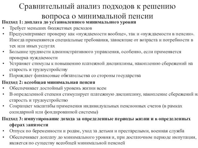 Сравнительный анализ подходов к решению вопроса о минимальной пенсии Подход 1: доплата