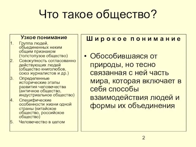 Что такое общество? Узкое понимание Группа людей, объединенных неким общим признаком (толстопузое