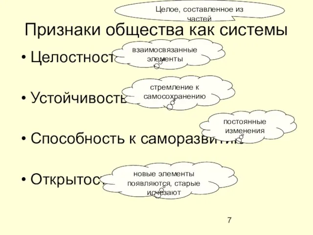 Признаки общества как системы Целостность Устойчивость Способность к саморазвитию Открытость взаимосвязанные элементы