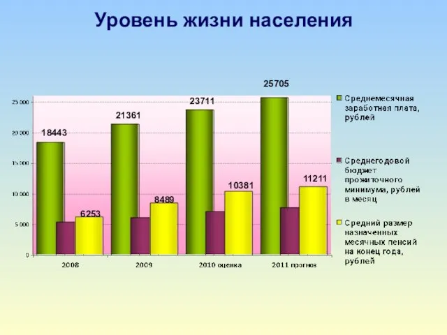 Уровень жизни населения 18443 21361 23711 25705 6253 8489 10381 11211