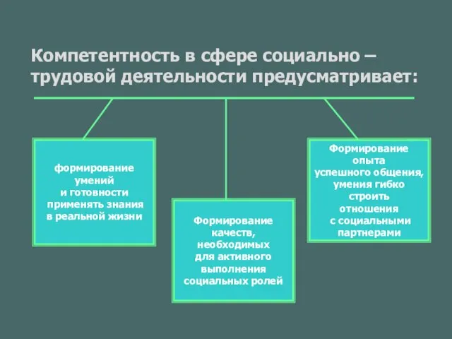 Компетентность в сфере социально – трудовой деятельности предусматривает: формирование умений и готовности