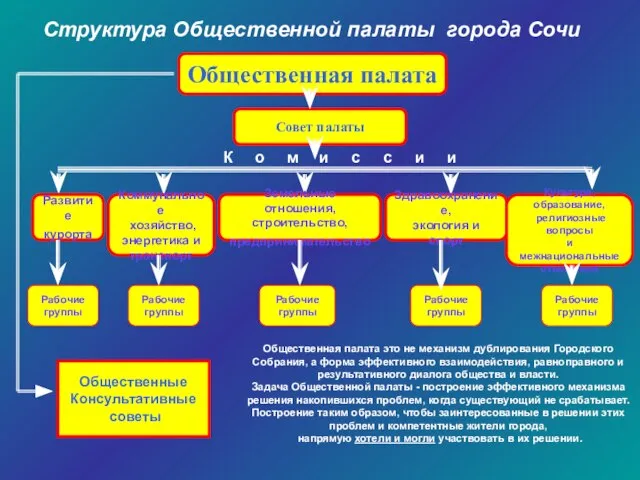 Общественная палата Совет палаты Коммунальное хозяйство, энергетика и транспорт Развитие курорта Земельные