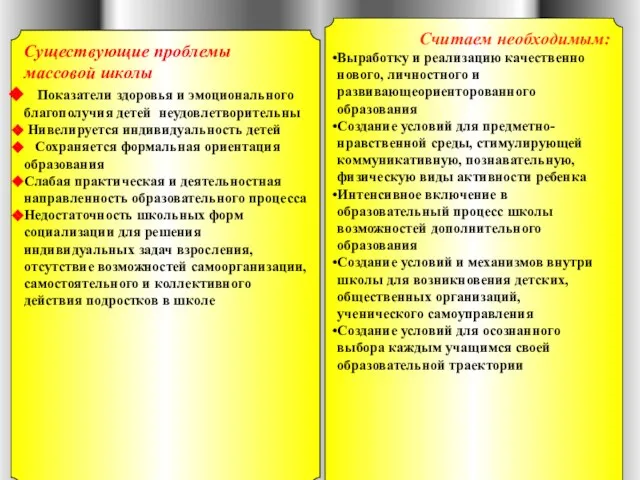 Существующие проблемы массовой школы Показатели здоровья и эмоционального благополучия детей неудовлетворительны Нивелируется