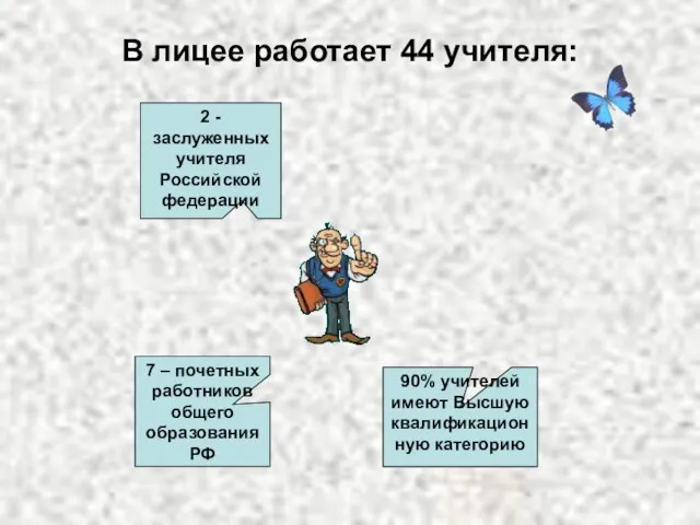В лицее работает 44 учителя: 2 - заслуженных учителя Российской федерации 7