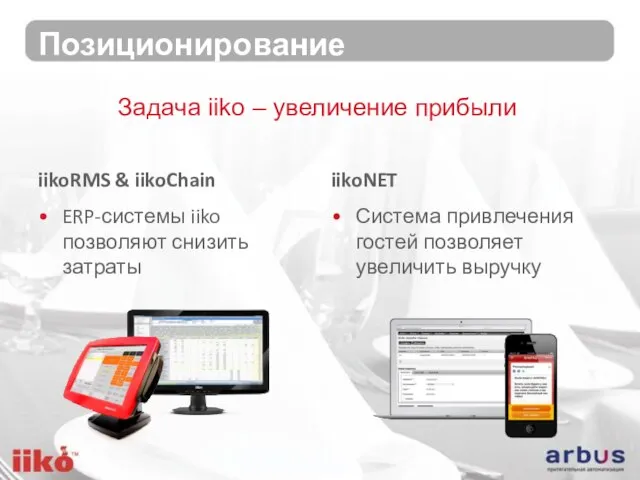 Позиционирование iikoRMS & iikoChain ERP-системы iiko позволяют снизить затраты iikoNET Система привлечения