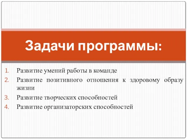 Развитие умений работы в команде Развитие позитивного отношения к здоровому образу жизни