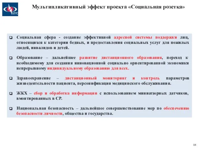 Мультипликативный эффект проекта «Социальная розетка» Социальная сфера - создание эффективной адресной системы