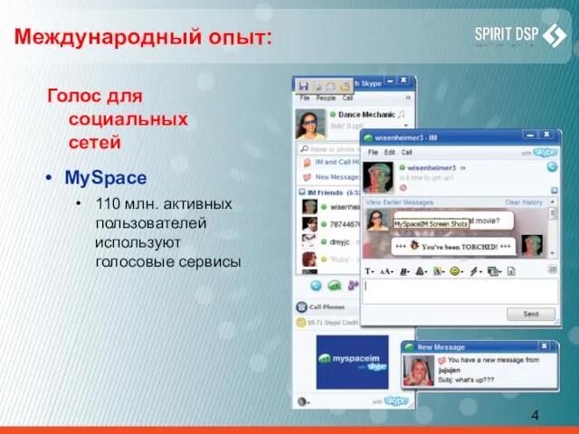 Международный опыт: Голос для социальных сетей MySpace 110 млн. активных пользователей используют голосовые сервисы