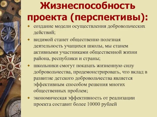 Жизнеспособность проекта (перспективы): создание модели осуществления добровольческих действий; видимой станет общественно полезная