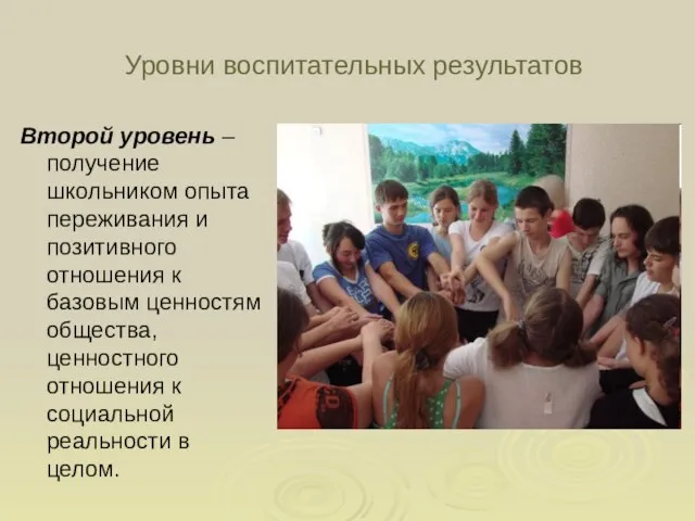 Уровни воспитательных результатов Второй уровень – получение школьником опыта переживания и позитивного