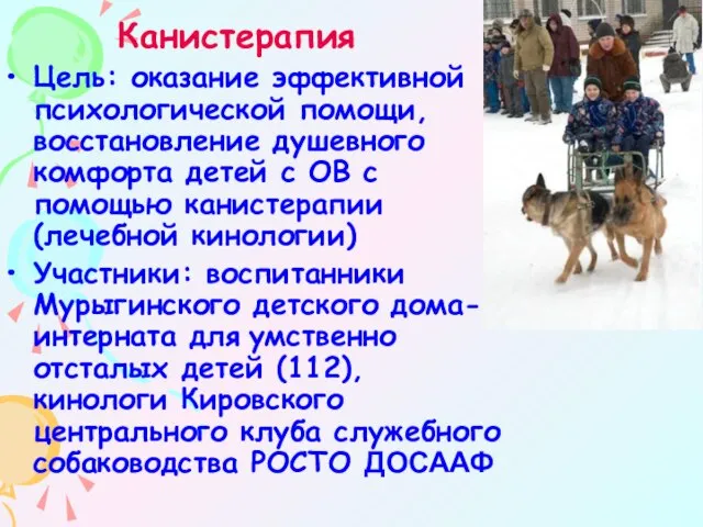 Канистерапия Цель: оказание эффективной психологической помощи, восстановление душевного комфорта детей с ОВ