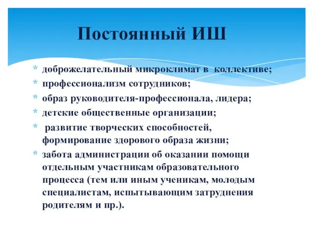 доброжелательный микроклимат в коллективе; профессионализм сотрудников; образ руководителя-профессионала, лидера; детские общественные организации;