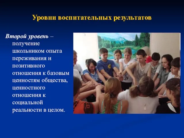 Уровни воспитательных результатов Второй уровень – получение школьником опыта переживания и позитивного