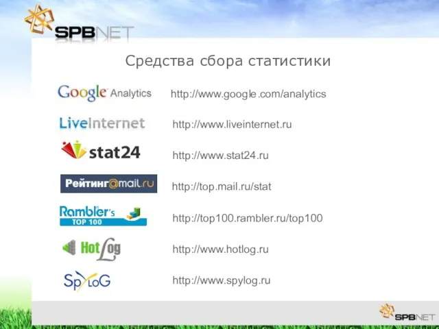 Средства сбора статистики http://top.mail.ru/stat http://top100.rambler.ru/top100 http://www.liveinternet.ru http://www.stat24.ru http://www.google.com/analytics http://www.hotlog.ru http://www.spylog.ru