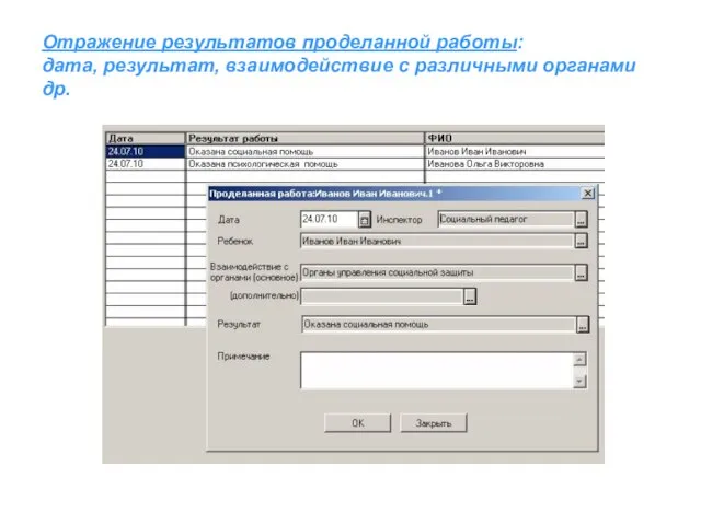 Отражение результатов проделанной работы: дата, результат, взаимодействие с различными органами др.