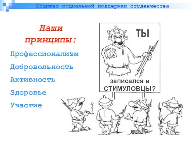 Комитет социальной поддержки студенчества Наши принципы: Профессионализм Добровольность Активность Здоровье Участие ТЫ записался в СТИМУЛОВЦЫ?