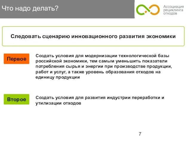 Что надо делать? Первое Следовать сценарию инновационного развития экономики Второе Создать условия