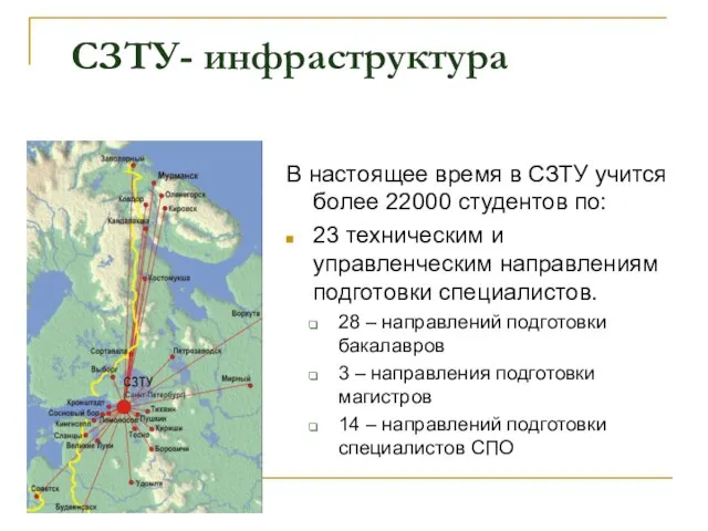 СЗТУ- инфраструктура В настоящее время в СЗТУ учится более 22000 студентов по: