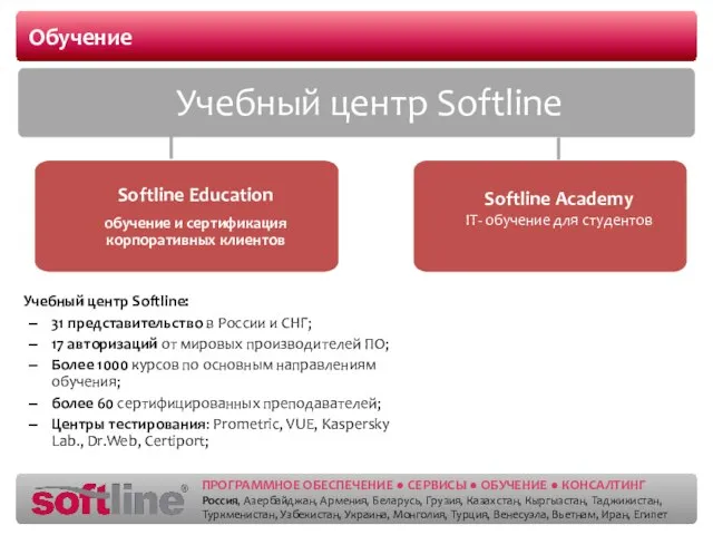 Обучение Учебный центр Softline: 31 представительство в России и СНГ; 17 авторизаций