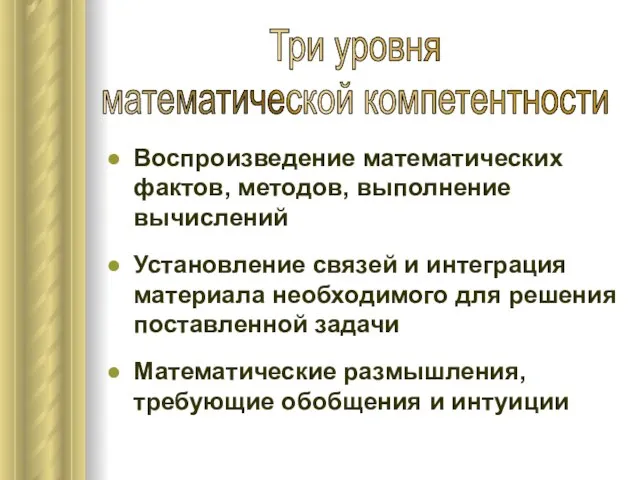 Воспроизведение математических фактов, методов, выполнение вычислений Установление связей и интеграция материала необходимого