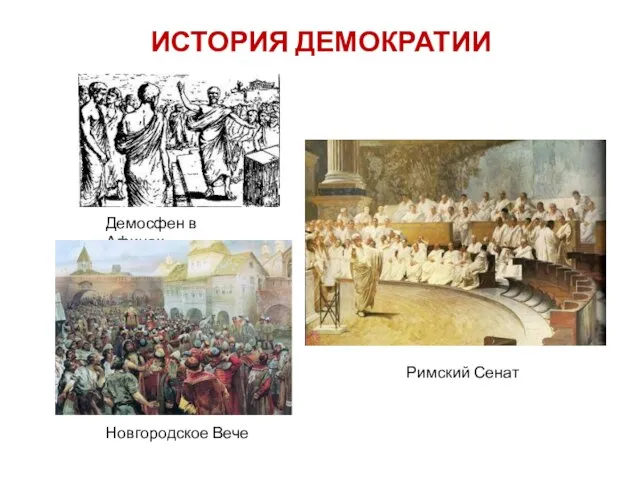 ИСТОРИЯ ДЕМОКРАТИИ Демосфен в Афинах Римский Сенат Новгородское Вече