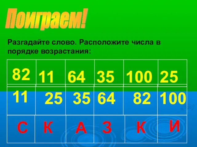 Поиграем! Разгадайте слово. Расположите числа в порядке возрастания: 11 25 35 64