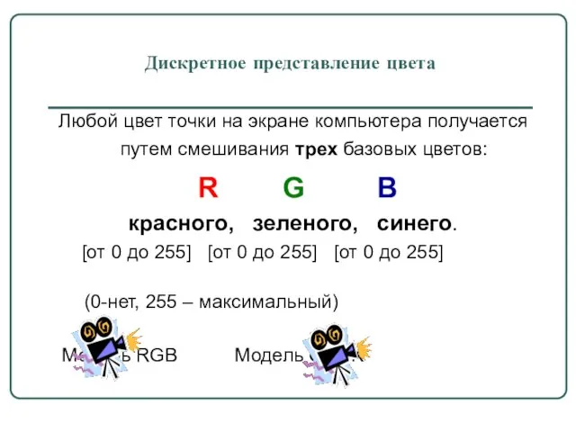 Дискретное представление цвета Любой цвет точки на экране компьютера получается путем смешивания