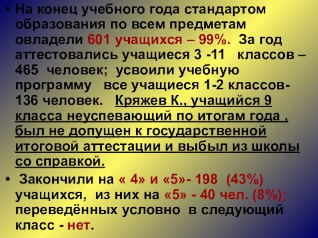 На конец учебного года стандартом образования по всем предметам овладели 601 учащихся