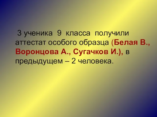 3 ученика 9 класса получили аттестат особого образца (Белая В., Воронцова А.,