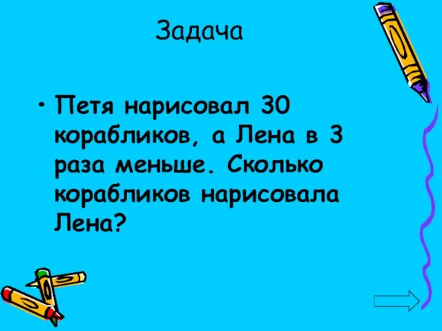 Задача Петя нарисовал 30 корабликов, а Лена в 3 раза меньше. Сколько корабликов нарисовала Лена?