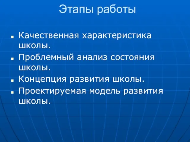 Этапы работы Качественная характеристика школы. Проблемный анализ состояния школы. Концепция развития школы. Проектируемая модель развития школы.