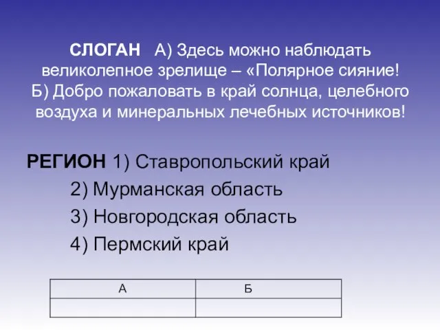 СЛОГАН А) Здесь можно наблюдать великолепное зрелище – «Полярное сияние! Б) Добро