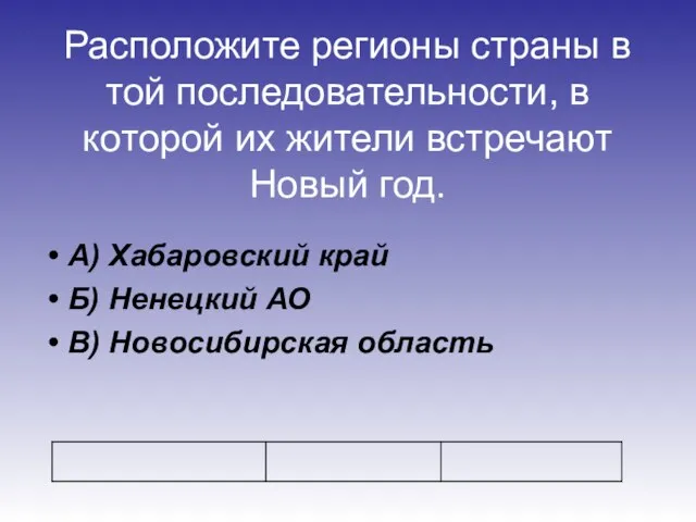 Расположите регионы страны в той последовательности, в которой их жители встречают Новый