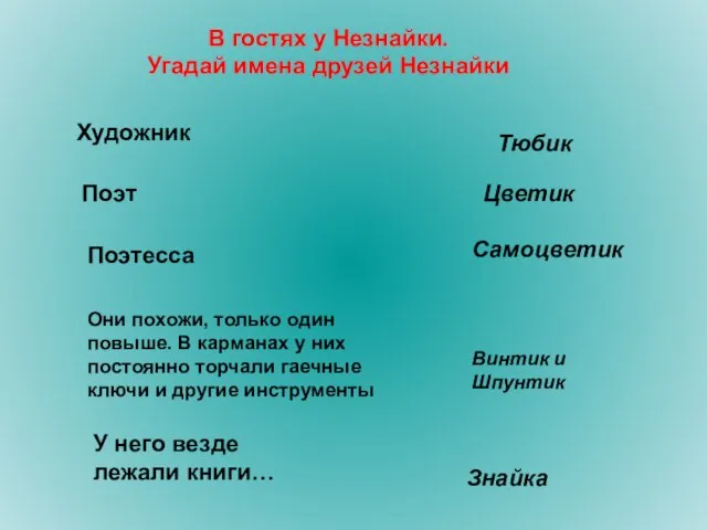 В гостях у Незнайки. Угадай имена друзей Незнайки Художник Тюбик Поэт Цветик