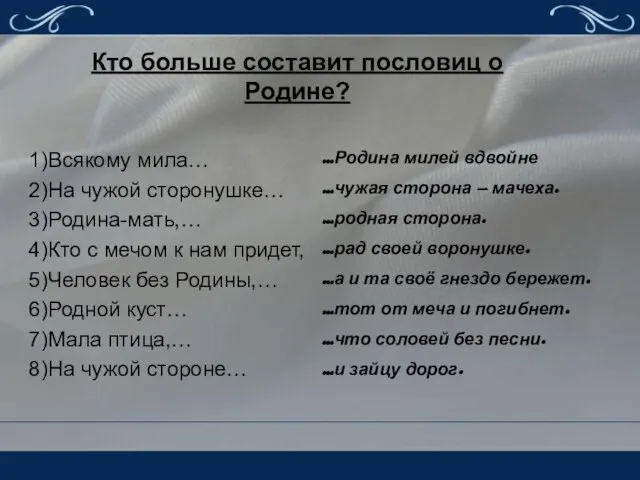 1)Всякому мила… 2)На чужой сторонушке… 3)Родина-мать,… 4)Кто с мечом к нам придет,