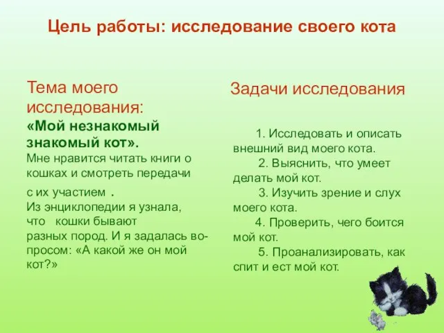 Цель работы: исследование своего кота Тема моего исследования: «Мой незнакомый знакомый кот».