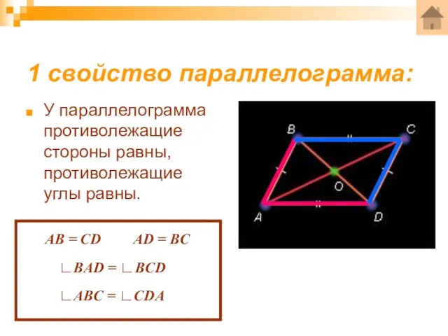 1 свойство параллелограмма: У параллелограмма противолежащие стороны равны, противолежащие углы равны. АВ