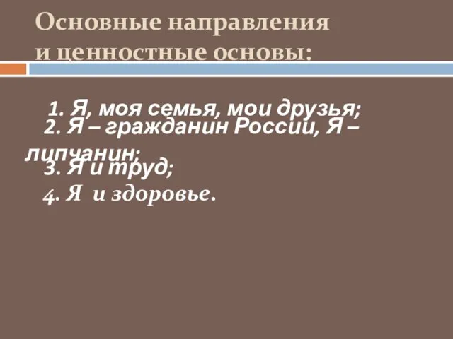 Основные направления и ценностные основы: 1. Я, моя семья, мои друзья; 2.