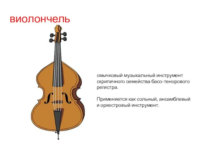 виолончель смычковый музыкальный инструмент скрипичного семейства басо-тенорового регистра. Применяется как сольный, ансамблевый и оркестровый инструмент.