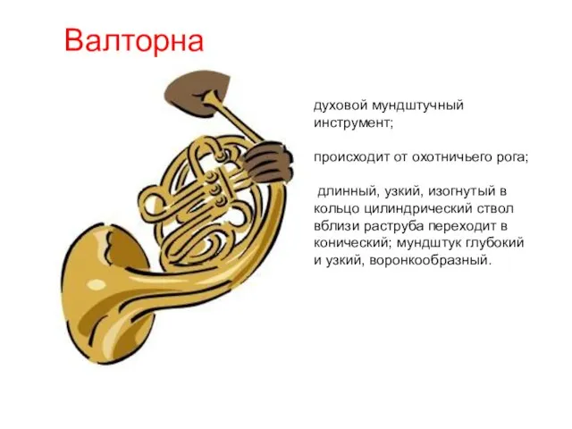 Валторна духовой мундштучный инструмент; происходит от охотничьего рога; длинный, узкий, изогнутый в