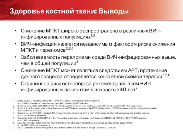 Здоровье костной ткани: Выводы Снижение МПКТ широко распространено в различных ВИЧ-инфицированных популяциях1,2