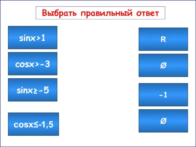 Выбрать правильный ответ Выбрать правильный ответ Ø -1 R Ø sinx≥-5 sinx>1 соsx≤-1,5 соsx>-3