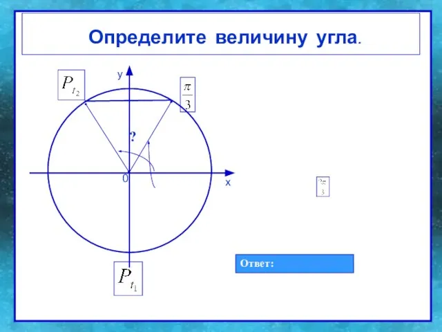 Определите величину угла. Определите величину угла. y x 0 ? Ответ: