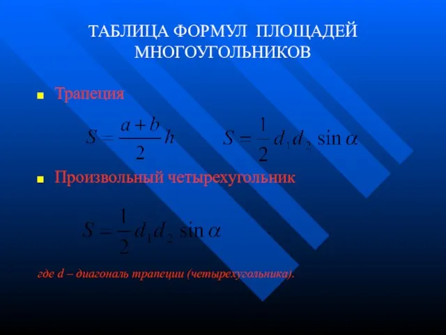 ТАБЛИЦА ФОРМУЛ ПЛОЩАДЕЙ МНОГОУГОЛЬНИКОВ Трапеция Произвольный четырехугольник где d – диагональ трапеции (четырехугольника).