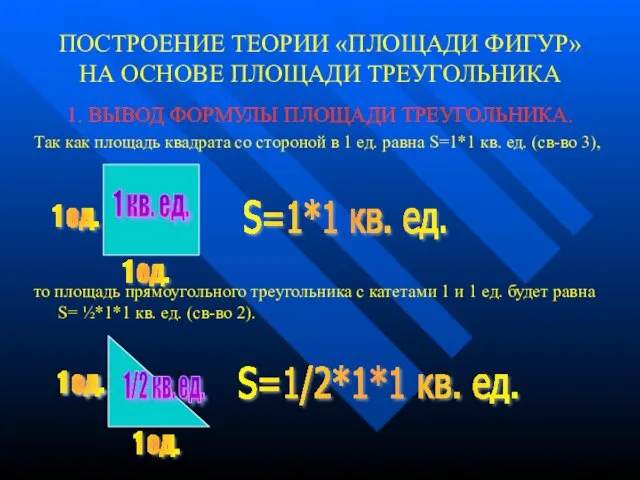 ПОСТРОЕНИЕ ТЕОРИИ «ПЛОЩАДИ ФИГУР» НА ОСНОВЕ ПЛОЩАДИ ТРЕУГОЛЬНИКА 1. ВЫВОД ФОРМУЛЫ ПЛОЩАДИ