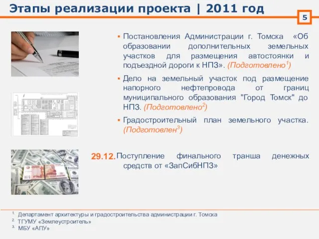 Этапы реализации проекта | 2011 год 5 Постановления Администрации г. Томска «Об
