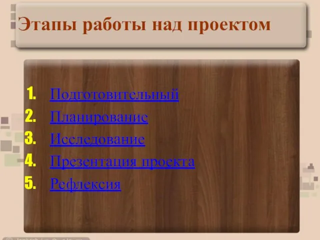 Подготовительный Планирование Исследование Презентация проекта Рефлексия Этапы работы над проектом