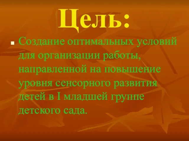 Цель: Создание оптимальных условий для организации работы, направленной на повышение уровня сенсорного